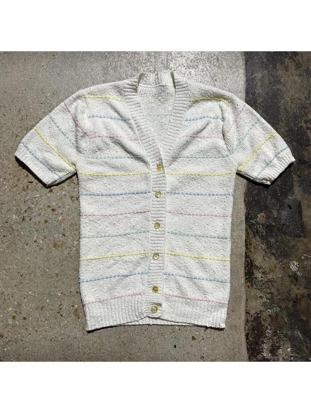 Vintage white womens cardigan with pastel colored stripes